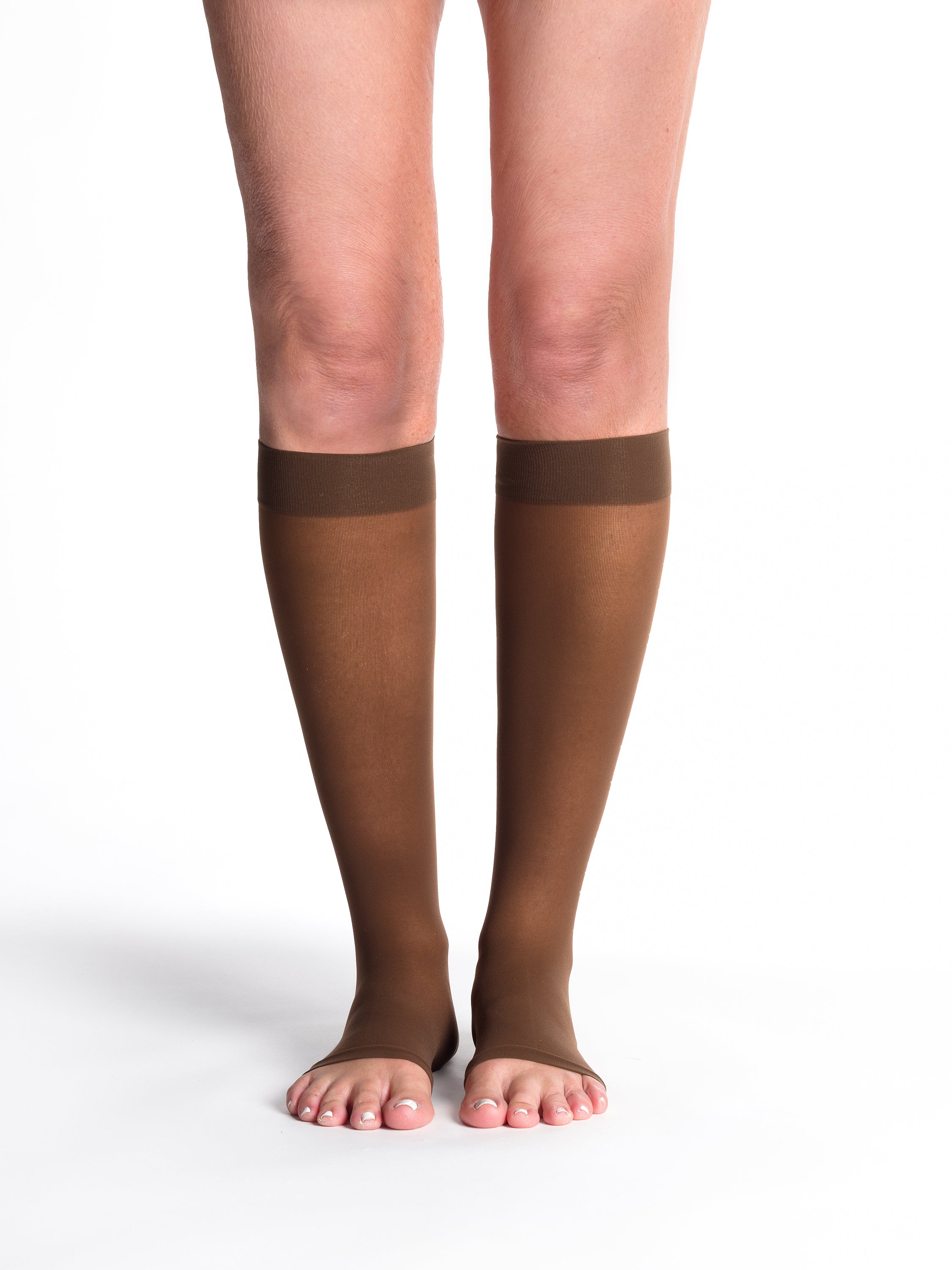 Sigvaris Style Sheer women's open-toe compression socks in Mocha, worn by a model