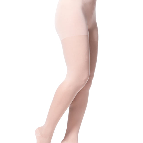 Sigvaris Style Sheer women's compression pantyhose in Warm Sand, worn by a model