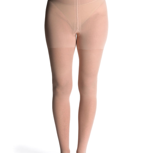 Sigvaris Style Sheer women's open-toe compression pantyhose in Warm Sand, worn by a model