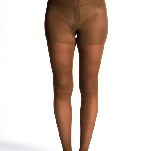 Sigvaris Style Sheer women's open-toe compression pantyhose in Mocha, worn by a model