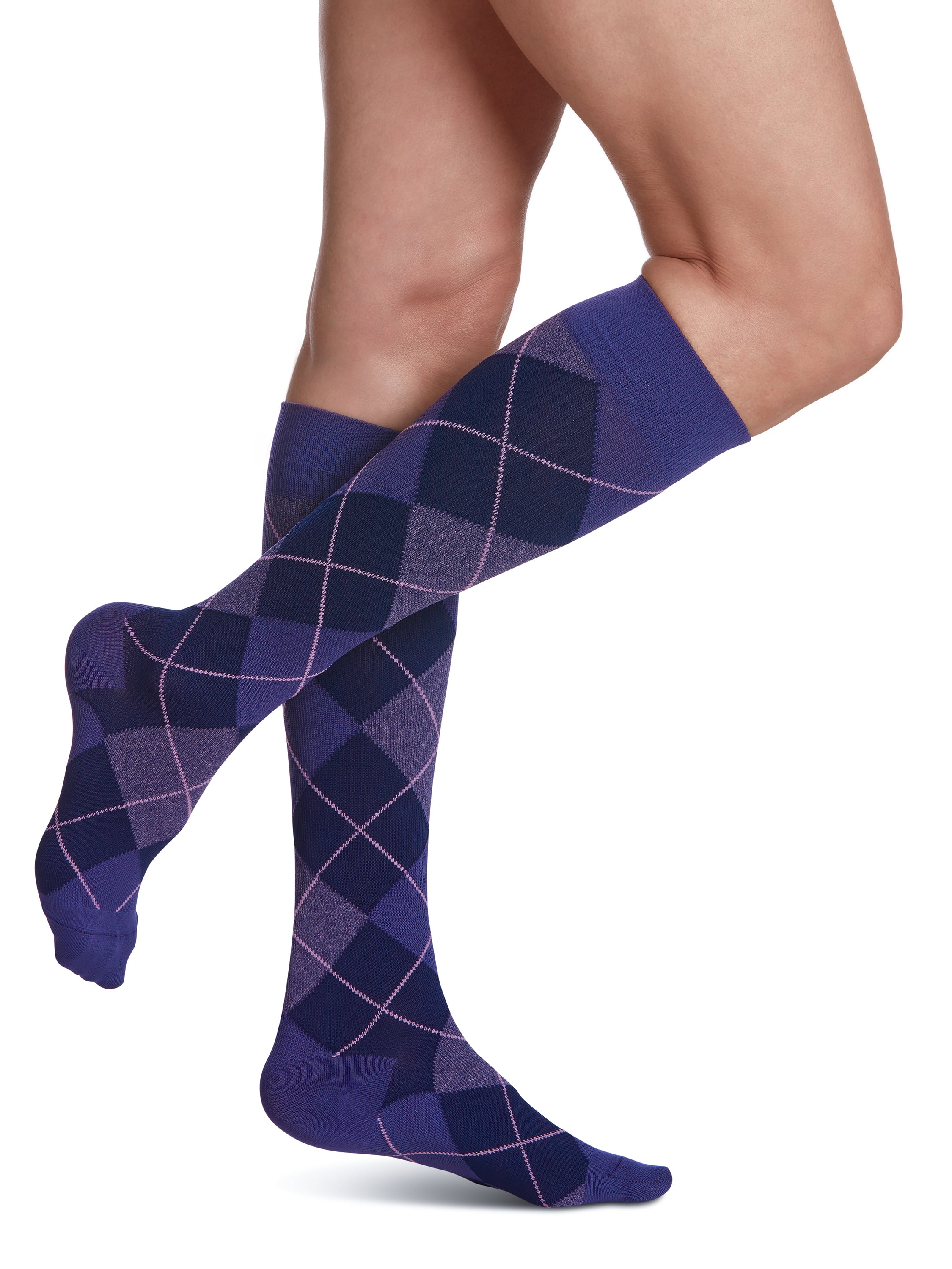 Sigvaris Style Microfibre Patterns women's compression socks in Purple Argyle, worn by a model