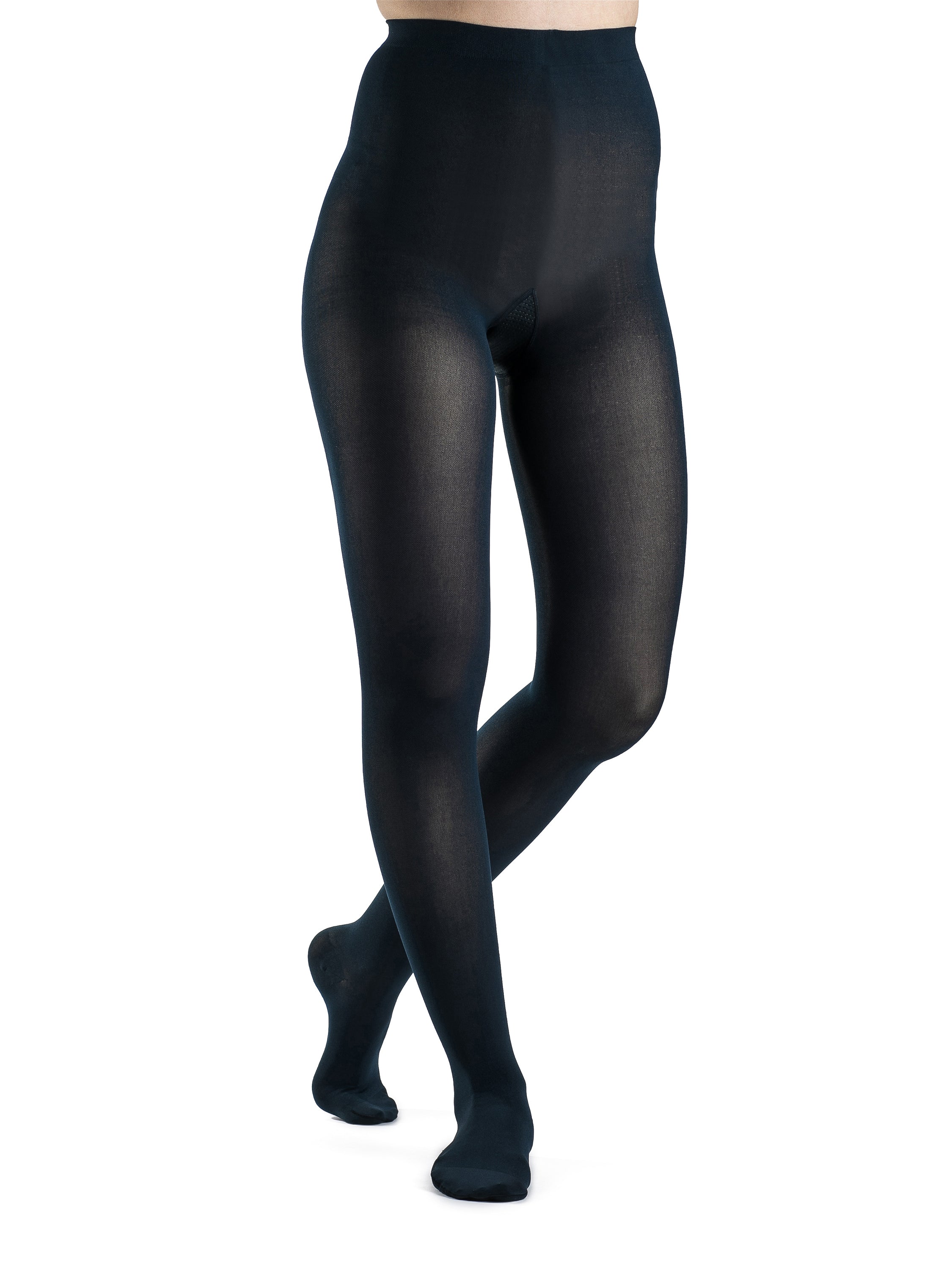 Sigvaris Style Soft Opaque Women's Compression Pantyhose in Midnight Blue, worn by a model