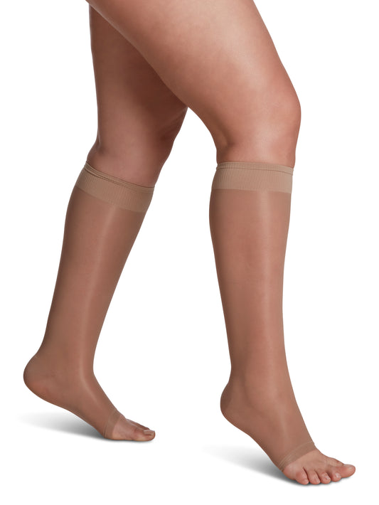 Bas de compression Sheer Fashion pour femme, jusqu'au genou, à pointe ouverte