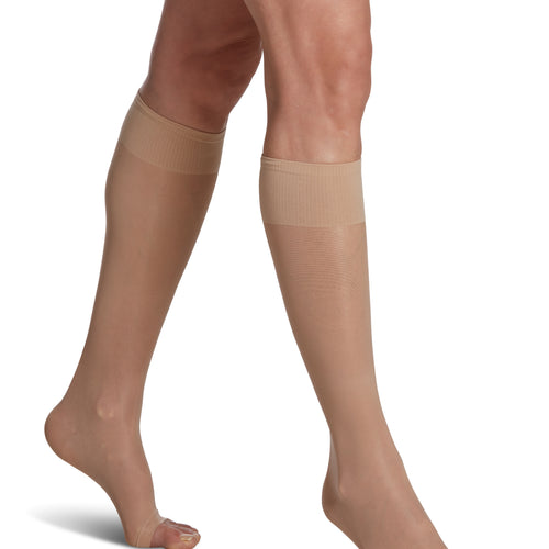 Bas de compression Sheer Fashion pour femme, jusqu'au genou, à pointe ouverte