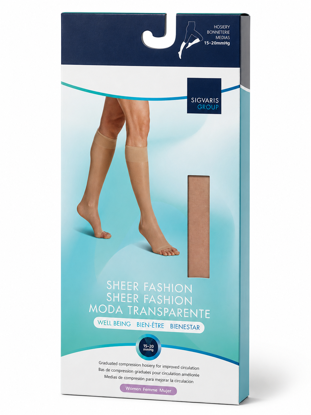 Bas de compression Sheer Fashion pour femme, jusqu'au genou, à pointe ouverte