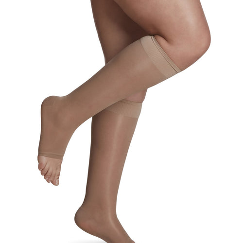 Bas de compression Sheer Fashion pour femme, jusqu'au genou, à pointe ouverte