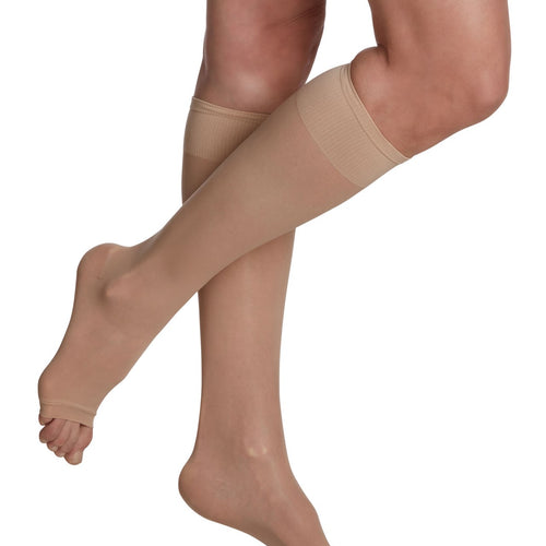 Bas de compression Sheer Fashion pour femme, jusqu'au genou, à pointe ouverte