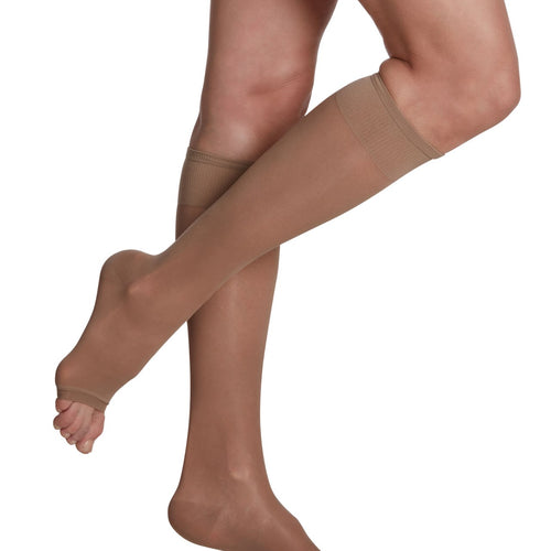 Bas de compression Sheer Fashion pour femme, jusqu'au genou, à pointe ouverte
